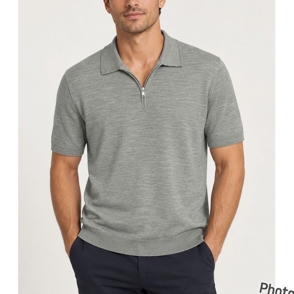 Reiss Gray Merino Wool Half Zip Knit Polo Pullover Large Men